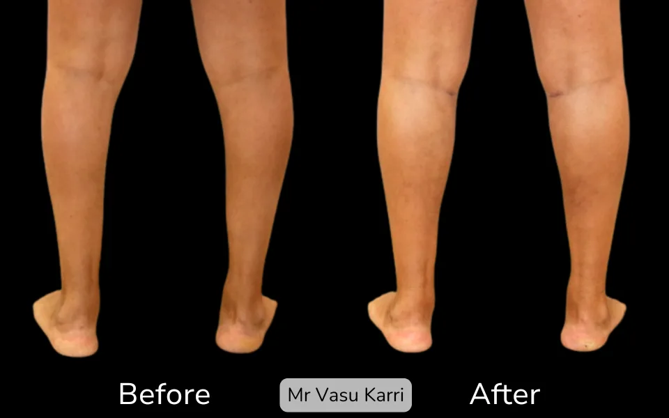 Before and after Calf-Implant Surgery, patient 1