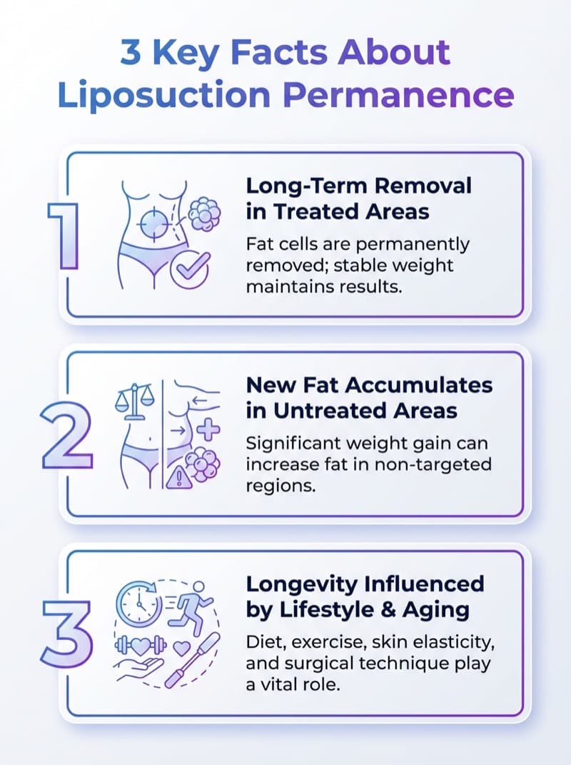 Three key facts about whether liposuction is permanent: the fat cells removed do not grow back, results last well with a stable weight, and ageing and lifestyle still affect your shape over time.