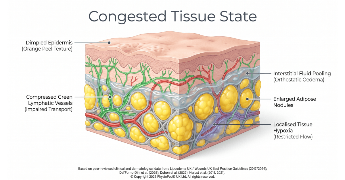 A medical diagram illustrating a congested tissue state. It shows a cross-section of skin with a dimpled, orange-peel surface, pooled fluid, enlarged fat nodules, and compressed lymphatic vessels.