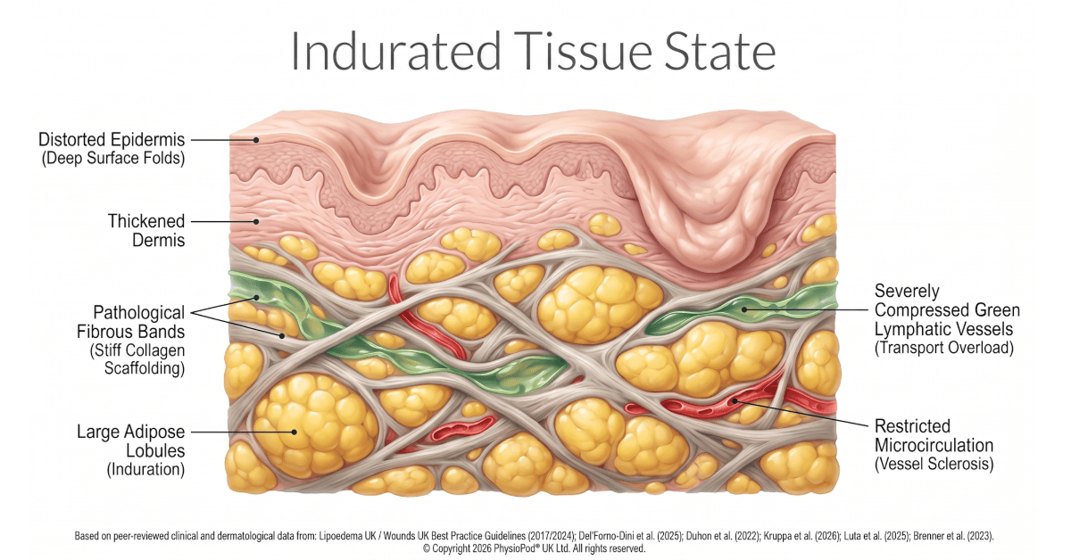 A medical diagram illustrating an indurated tissue state. It shows a cross-section of skin with deep surface folds, thickened tissue, stiff fibrous bands, enlarged fat cells, and restricted blood and lymph flow.